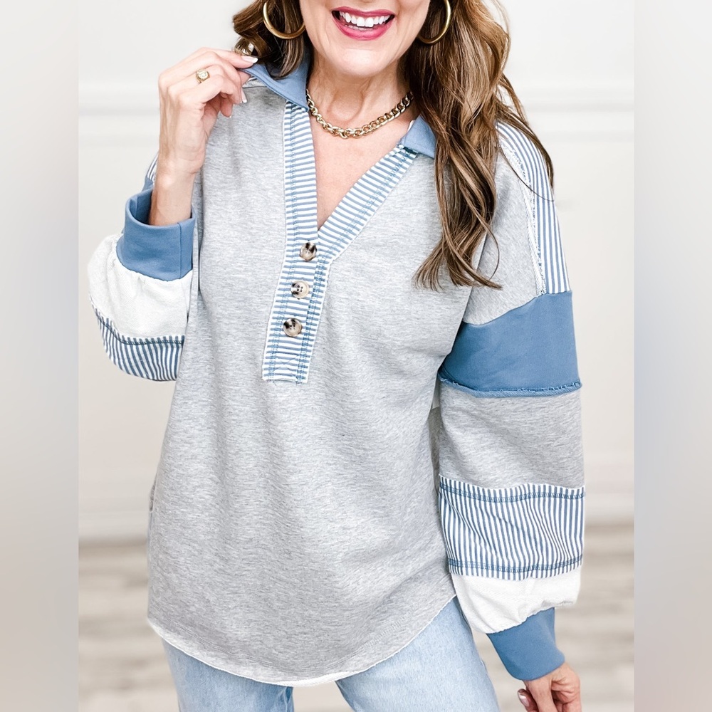 NWT New In (Very J) Color Block Long Sleeve Henley Style Oversized Top w/ Collar